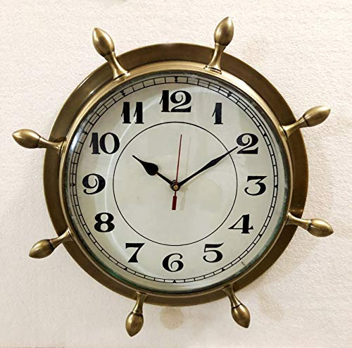 Antique Marine Brass Ship Wheel Clock 38.1 cm Nautical Wall Hanging Clock Home Decor