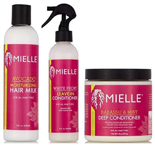 Miele Organics Latte per capelli idratante all'avocado 8oz, balsamo senza risciacquo peonia bianca 8oz e olio di Babassu e balsamo alla menta profonda 8oz