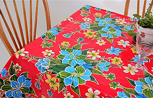 Alux - Waterproof Oilcloth Table Cloth - Wipeable Tablecloths for Picnic - Non-Fading Plastic Table Cover with Better Than Flannel Backing - Hibiscus Red - 55 x 90 in Rectangle