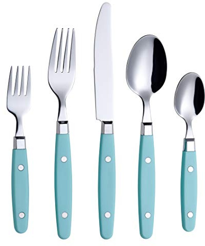 ANNOVA Retro/Rivet färgglatt rostfritt köksbestick-set, innehåller bordsknivar, gafflar, skedar, salladsgafflar och dessertskedar (turkos, 20 stycken)