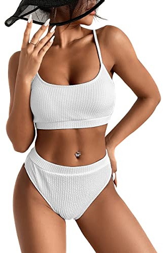 Femme Retro Taille Haute Bikini Maillot de Bain Deux Pièces Push Up Vintage Ventre Contrôle Maillots de Bain Sportif Cadeaux pour Femmes Blanc M