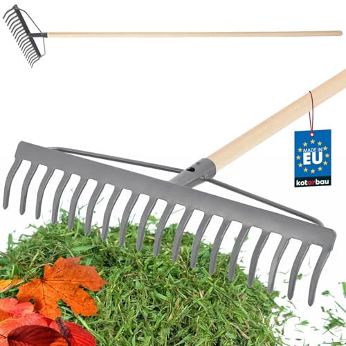 KOTARBAU® Râteau en métal avec 18 dents avec manche en bois - Râteau de jardin avec tête renforcée - Râteau de jardin en acier pour feuilles et herbe - Râteau à pierre - Râteau à feuilles - Râteau de