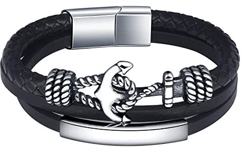 Feilok Herren Armband Edelstahl Echtleder Armband Armreif Männer Anker Geflochten Mit Magnet Verschluss Lederarmband für Herren