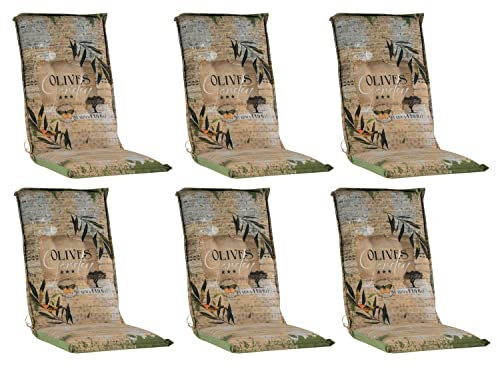 Gartenstuhlauflagen Hochlehner 6er Set - 120 x 50 cm - Olivenmotiv - Baumwolle - Sesselauflage Sitzpolster Stuhlauflage