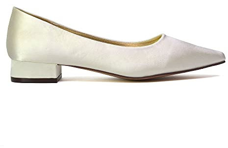 ESSEX GLAM Womens Low Heel Bridal Shoes Ladies Slip On Pointed Toe Flats Wedding Evening Party Ivory Satin Pumps Size 4
