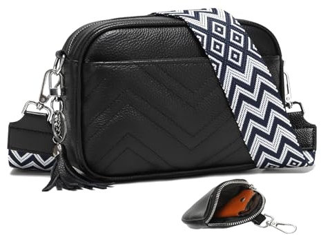 KUNKUN Umhängetasche Damen Schwarz Crossbody Bag Damen Leder Handtasche Damen Mittelgroß 5cm Breiter Gurt Crossbag Taschen mit Münzgeldbörse