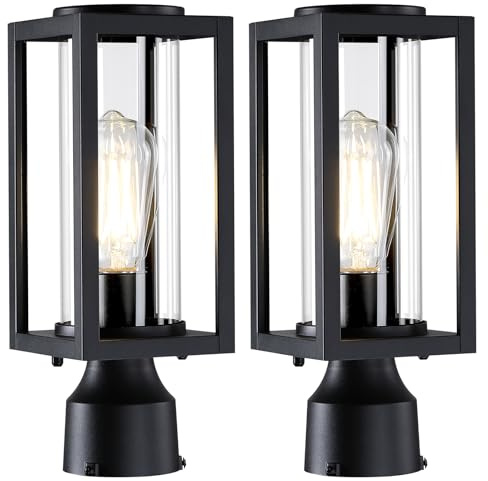 MYHXQ Outdoor Post Lights Lamp Post Light Fixture 2 Pack, Modern Black Exterior Post Lantern Fixture with Tempered Glass, Anti-Rust Light Posts for Outside for Driveway Patio Garden