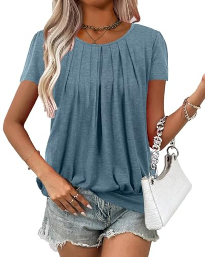 VahRuta Blouson Tops for Women Short Sleeve Womens Tunic Tops Plus Size Banded Bottom Casual T Shirts for Women Haze Blue Xl