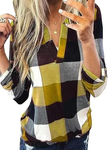 Cuptacc Chemisier Femme Chic Et Élégant À Manches Enroulables Col en V Basique Mode Haut Manche Longue Jaune XL