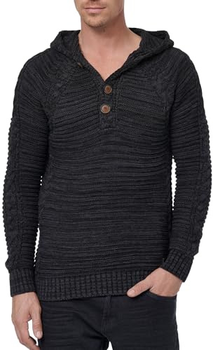 Subliminal Mode Pull Homme Chiné à Capuche Grosse Maille Pull-Over Col Boutonné BX385 Noir 2XL
