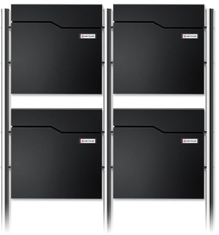 Metzler boîte aux Lettres sur Pied für 4 foyers en RAL 9005 Noir Profond – Boîte Quadruple autoportante avec Compartiment à journaux, Pieds en INOX et Plaque Nominative Interchangeable