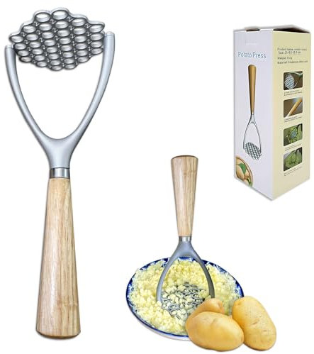 Presse-purée en acier inoxydable avec poignée en bois de 22,9 cm, double bord incurvé, outil de cuisine, broyeur de pommes de terre