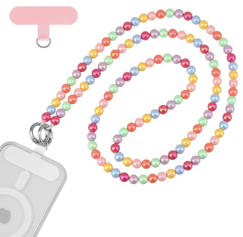 Qyoocom Cadena para teléfono móvil con perlas multicolor, larga, universal, con cuentas, cordón extraíble, adecuado para todos los smartphones con 2 parches de 125 cm