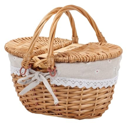 Panier en Osier Panier de Pique-Nique, Panier de Pique-Nique avec Couvercle, Doublure Amovible, Panier de Rangement en Saule pour Pique-Niques, Fêtes et Barbecues, 31x22.85x12.7 cm