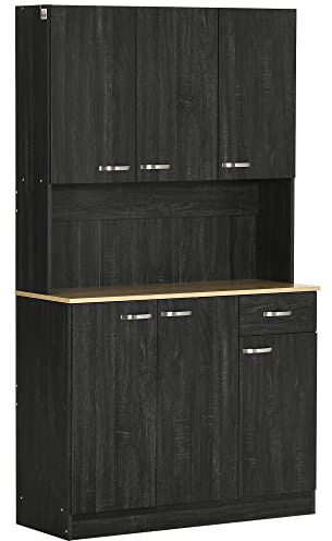 HOMCOM Credenza Cucina con Armadietti, Cassetto e Piano Portamicroonde, Mobile Dispensa Stretto con Ante e Ripiani Regolabili, Mobile Cucina per Soggiorno, Sala da Pranzo, 101x39x180 cm, Nero