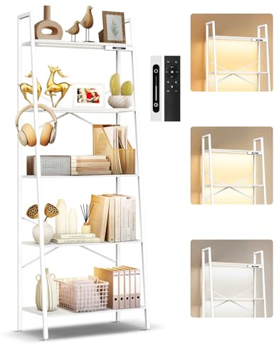 OUTONLIFE 5-Tier Wide Ladder Shelf with LED Lights, Touch & Remote Control, 3 Color Temperatures, Dimmable Tall Corner Standing Bookcase, Metal Wood Display Shelf for Living Room, Bedroom(White)