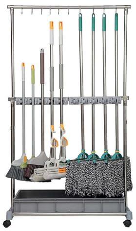 SnamicE Support à balais et serpillères, Organiseur de Produits de Nettoyage, Chariot de Nettoyage pour Outils à Long Manche, râteaux et balais, Support à roulettes pour Jardin,20 Hooks-176x100x46cm