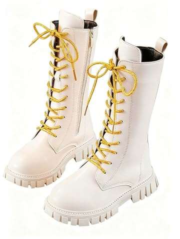 White Boots Kids,White Combat Boots for Girls Lace Up Riding Mid Calf PU Leather Waterproof Shoes Footwear UK Winter Goth Boot Cowgirl Fleece Lined A-White 12.5
