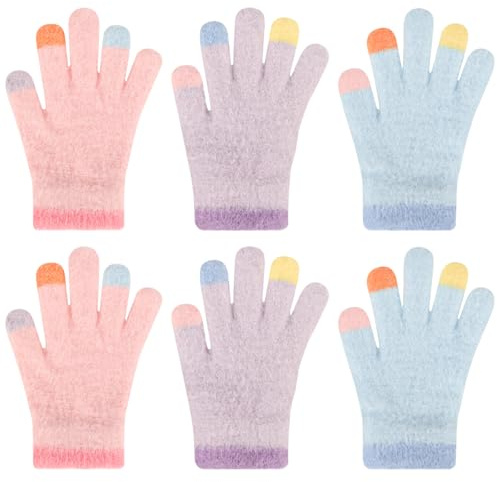 QKURT Lot de 3 paires de gants d'hiver chauds pour enfants, gants magiques tricotés pour enfants, mitaines de jeu en plein air, mitaines en tricot extensible pour garçons et filles, de 4 à 10 ans