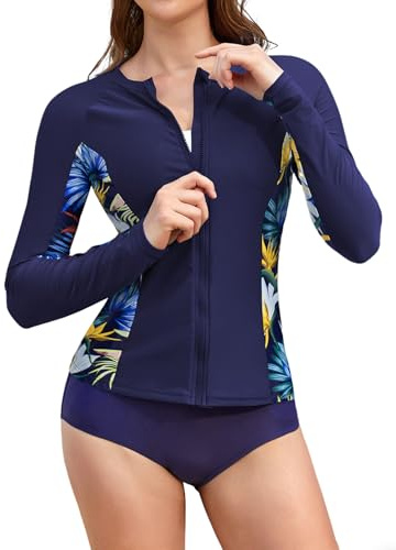 SHEKINI Womens Rashguard Shirts Long Sleeve UPF 50+ Rash Vest with Zip UV Protection Sports Swim Tops, Navy Blue Print, X-Large
