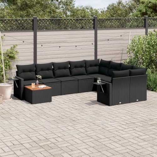 IBUQDDV Set di 10 divani da giardino con cuscino, nero, in rattan sintetico, design modulare, con ripiani pieghevoli e robusto tavolo in legno di acacia, resistente alle intemperie, in rattan