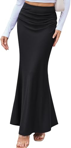 BAISHENGGT Womens Floral Boho Maxi Skirts Elastic High Waisted Ruched Stretchy Elegant Mermaid Casual Long Skirt Solid Black M