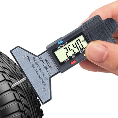 Medidor de profundidad de banda de rodadura de neumáticos - Herramienta de medidor de profundidad de neumáticos | Probador de pantalla LCD digital con resorte de recordatorio, precisión de 0.01 mm