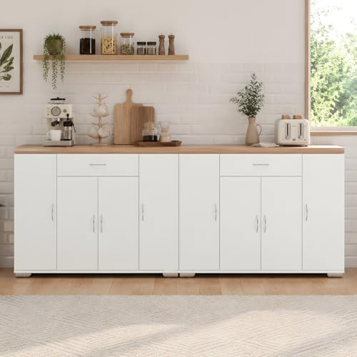 GOKHOMX Pack de 2 Aparadores Comedor 220cm Largo, Mueble Auxiliar Estrecho XXL Blanco y Roble con 8 Puertas, Gran Capacidad Almacenaje para Salón, Rincón de Café