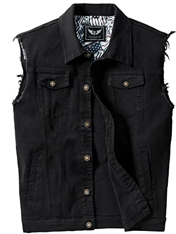 RongYue Men's Casual Button-Down Denim Vest Sleeveless Jacket with Broken Holes, Black, Medium
