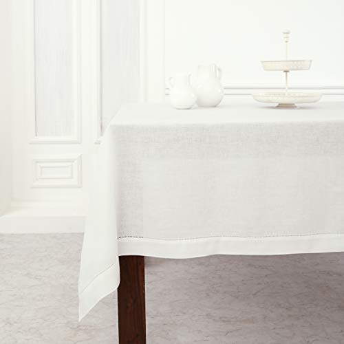 Solino Home White Linen Tablecloth 60 x 120 Inch - 100% Pure Linen Hemstitch Table Cloth for Rectangle Tables - Classic Hemstitch, Machine Washable Tablecloth for Winter, Mothers Day, Spring, Easter