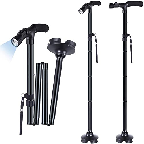 Walking Cane for Men Women: Ohuhu Walking Canes with LED Light Folding Walking Stick Adjustable Free Standing Canes with Wrist Strap Travel Bag for Seniors Adults 2 Pack