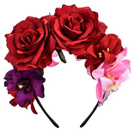Merroyal Halloween Flower Crown Headband Party Costume Dia de Los Muertos Day of The Dead Headpiece(Red Purple Pink)