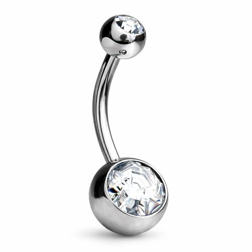 Jewel Barrel Crystal Belly Button Bar - Silver 14G Surgical Steel Navel Ring for Belly Button Piercing - Body Piercing Jewellery with Double Crystal Balls - Hypoallergenic & Durable