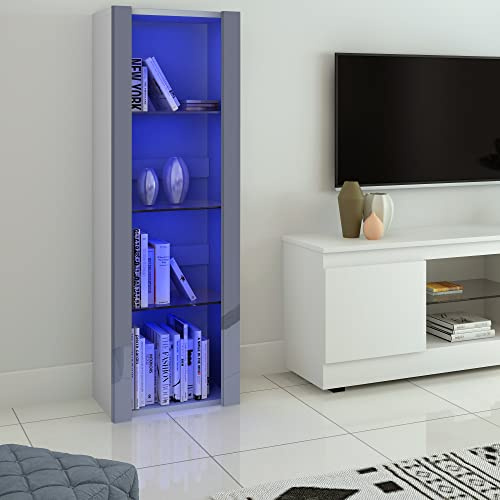 Panana High Gloss Tall Display Cabinet Wood Cupboard Sideboard Free Standing Storage Unit with Glass Shelves RGB LED Lights Living Room (White and Grey)