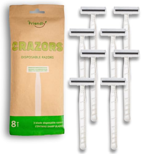 Hair Removal Crazors 3 Blades – Disposable Razors for Men/Women's Grooming – Single-Use Body & Face Shaver – Raw-Material Earth+Skin Loving Travel-Size Toiletries – 8-Pack by MyFriendly