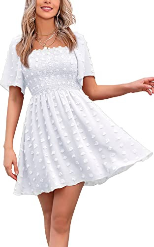 EXLURA Women's Summer Flowy Mini Sundress Square Neck High Waist Swiss Dot Smocked Ruffle Short Flutter Sleeve Dress White