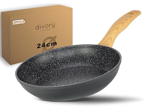 DIVORY Padella 24cm Induzione - Padella universale di grandi dimensioni con rivestimento antiaderente per tutti i tipi di fornelli - Manici, lavabili in lavastoviglie (24cm, Aspetto legno chiaro