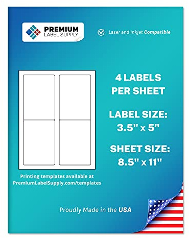 Premium Label Supply White Sticker Mailing/Shipping Labels – 3.5 x 5 – Laser/Inkjet Compatible – (4 per Sheet), 100 Sheets - 400 Total Adhesive Labels