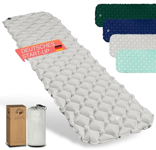 Backpacker's Journey Liggunderlag – ultralätt luftmadrass med liten förpackningsstorlek, perfekt för cykling, camping och utomhus – uppblåsbar luftmatta, lätt och kompakt (grå)