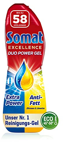 Somat Excellence Duo Power Gel (58 sköljningar) diskmedel för diskmaskin för strålande ren disk även i Eco-programmet och vid låga temperaturer, citron och lime