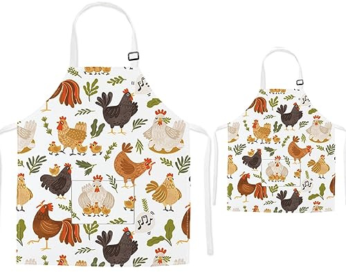 TRYTUTRY Grembiuli per genitori e bambini con tasca, simpatici grembiuli coordinati con dinosauro per bambini e adulti, Gallina, Child and Adult