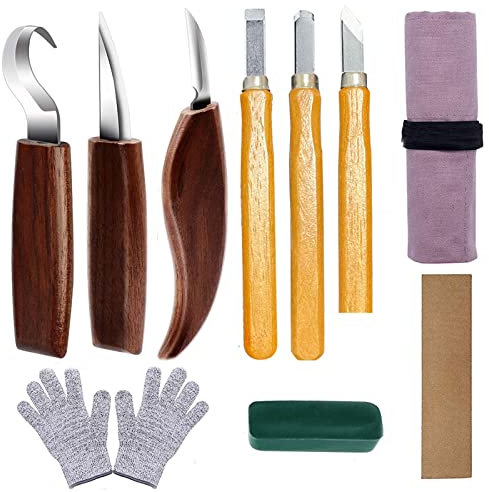 Holz Schnitzwerkzeug Set, 10 in 1 Schnitzmesser Set mit Griff aus Nussbaumholz, Holzwerkzeug Schnitzset mit Schnittfeste Handschuhe und Schleifsteine für Anfänger, Chrom Vanadium Stahl (10 Stück 1)