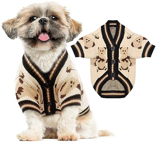 ABRRLO Small Dog Sweaters Cute Bear Dog Cardigans Clothes for Small Medium Dogs Boy Girl Puppy Cat Knitting Cardigan Outfits Dogs Winter Coats Warm Pet Doggy Clothes Soft Knitwear (Beige, Small)