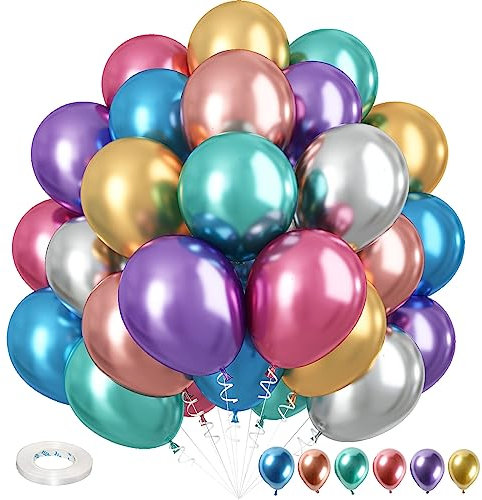 Isndare Metallic Balloons，12 Inch Rainbow Chrome Balloons，35Pcs Assorted Colors Multicolor Metallic Purple Red Green Blue Silver Rose Gold Latex Balloons Kids Birthday Wedding Carnival Party Decors