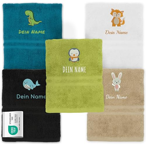 Kinderhandtuch mit Namen Bestickt, Oeko-TEX® Standard 100 - Personalisiertes Handtuch für Kinder aus nachhaltiger Baumwolle mit gesticktem Namen und Motiv (50 x 100 cm, Lemon)