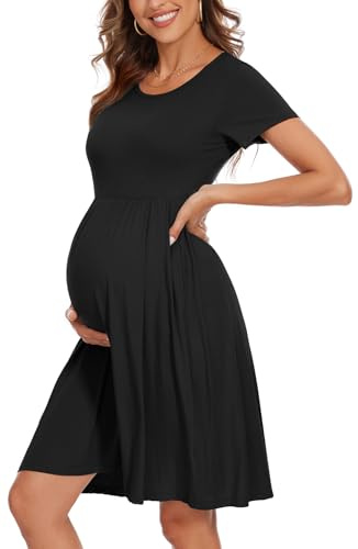 WOOXIO Women's Fashion Short Sleeve Maternity Dress with Pockets Patchwork Pregnancy Clothes
