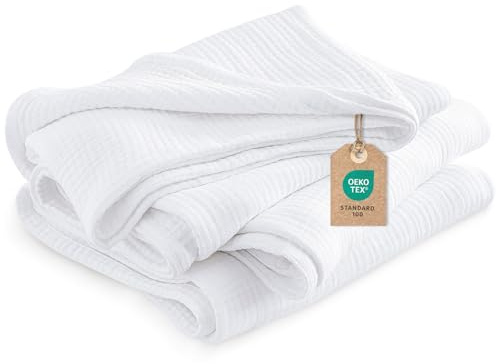 PHF 100% Cotton Muslin Throw Blanket Single Size 130x150cm, 4-Layer Ultra Soft Lightweight Breathable Gauze Blanket for Summer, Elegant Home Decoration for Couch Sofa Bed, White