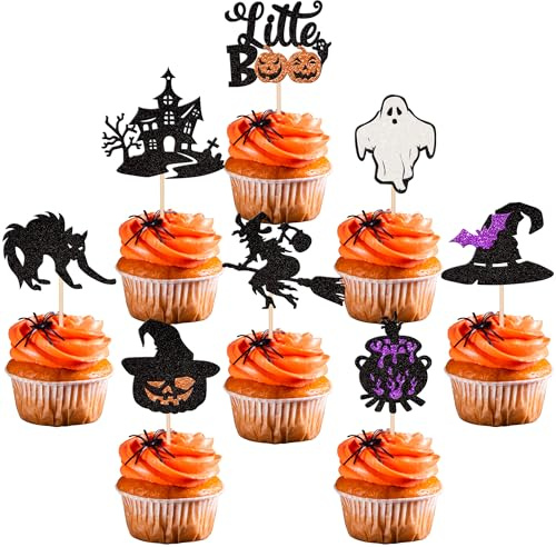 Xsstarmi 24 Pack Halloween Cupcake Toppers Glitter Little Boo Ghost Pumpkin Cupcake Picks Castle Witch Cat Cake Decorations for Halloween Theme Birthday Party Supplies