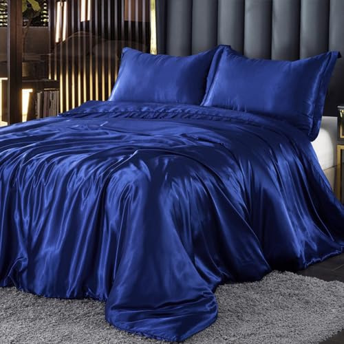 DXHOME Juego de ropa de cama 200 x 220 cm, funda nórdica satinada brillante azul liso, juego de ropa de cama de seda de lujo suave para cama doble, juego de ropa de cama satinada brillante de