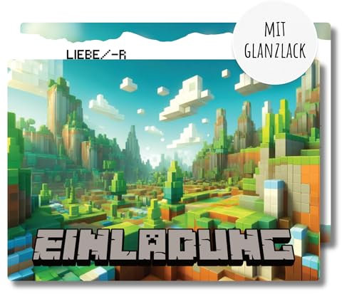 møij 12x EINLADUNGSKARTEN für Jungen & Mädchen Kindergeburtstag - coole Karten mit Pixel-Motiv & partiellem Hochglanzlack